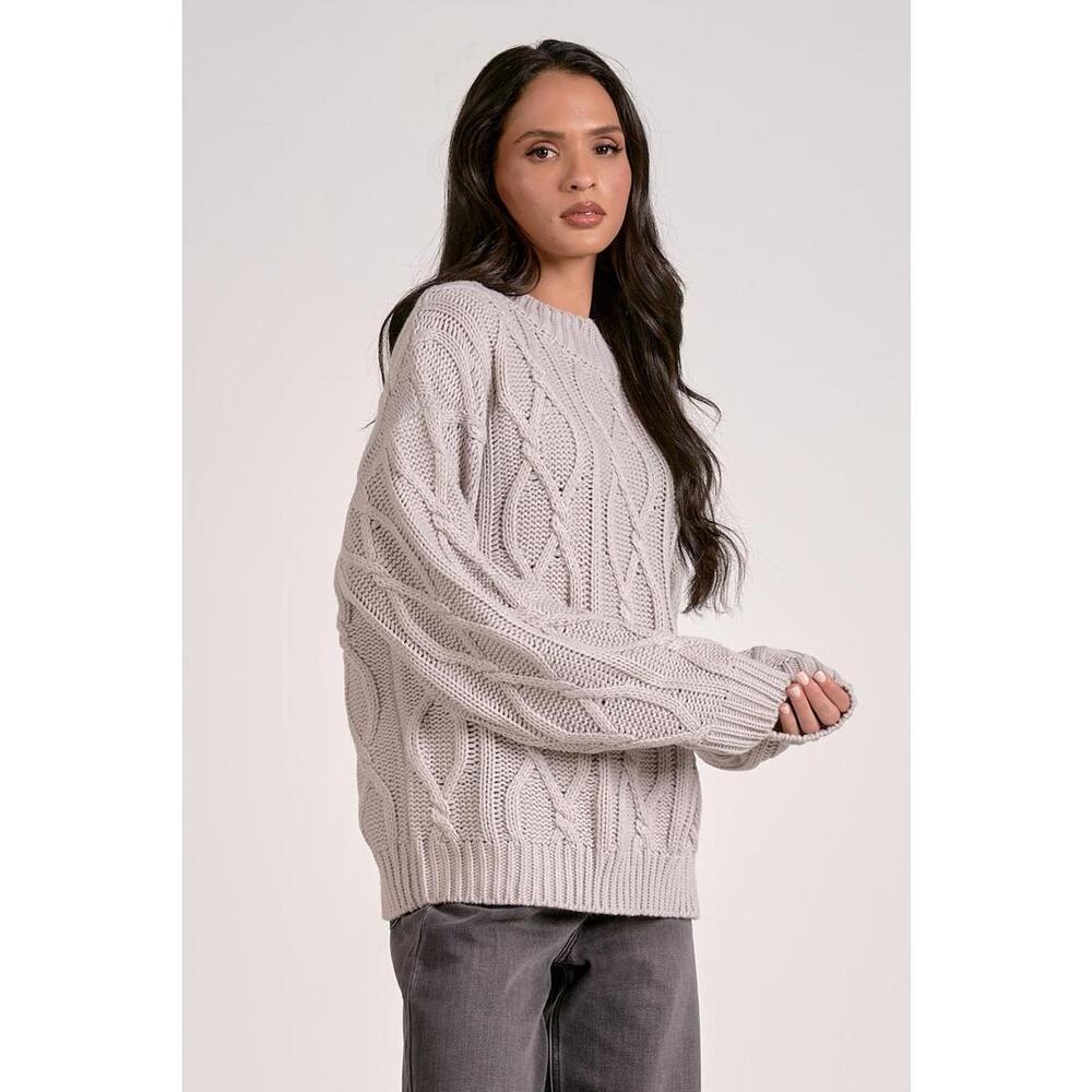 Elan Crewneck Cable Knit Sweater - Light Grey